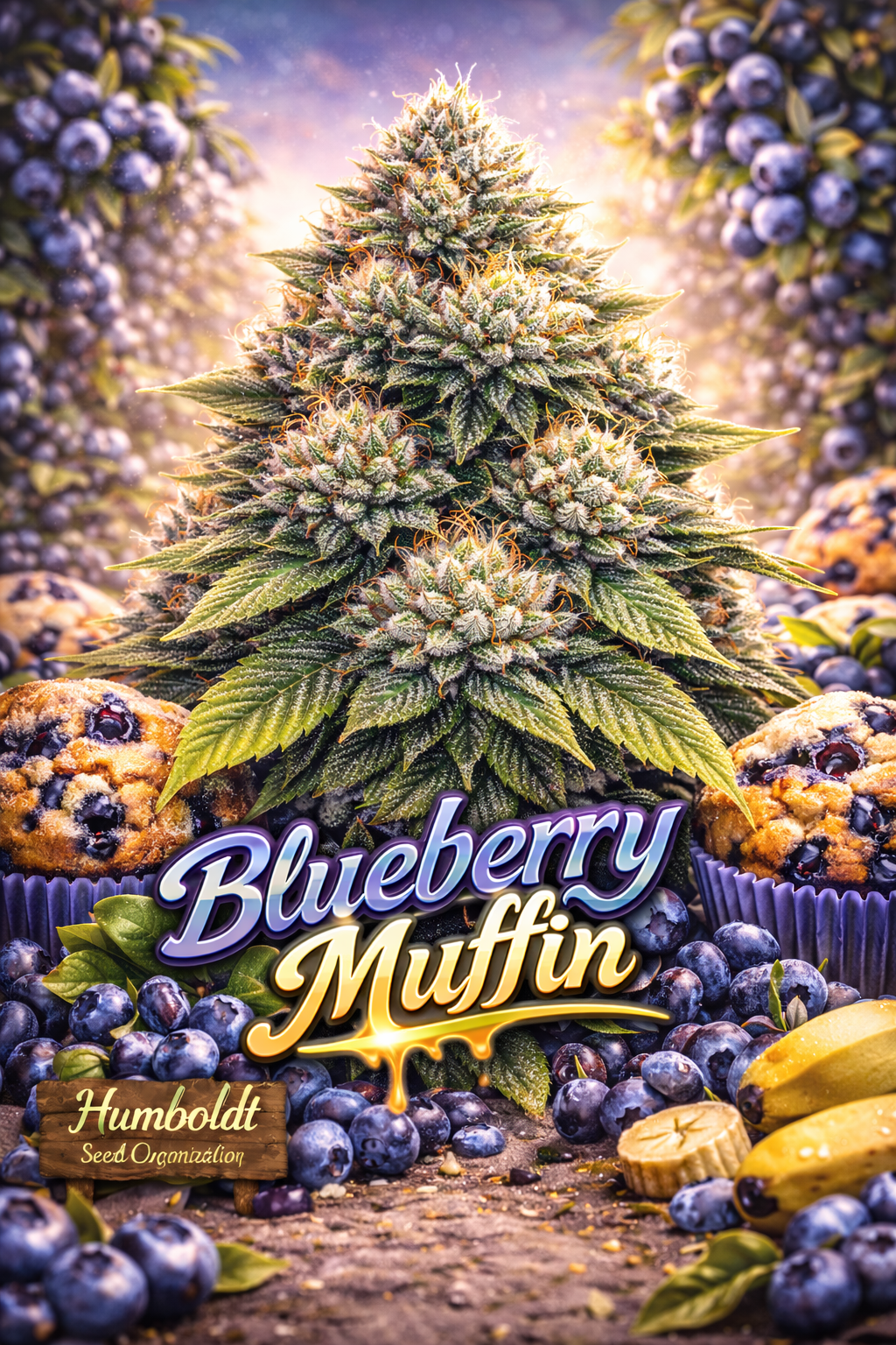 Hyper-realistic Blueberry Muffin Feminised Seed artwork by Humboldt Seed Company, featuring a dense frosty cannabis plant with purple-green tones, fresh blueberries, muffin elements, orchard-style lighting, and bold blueberry-themed strain name typography.