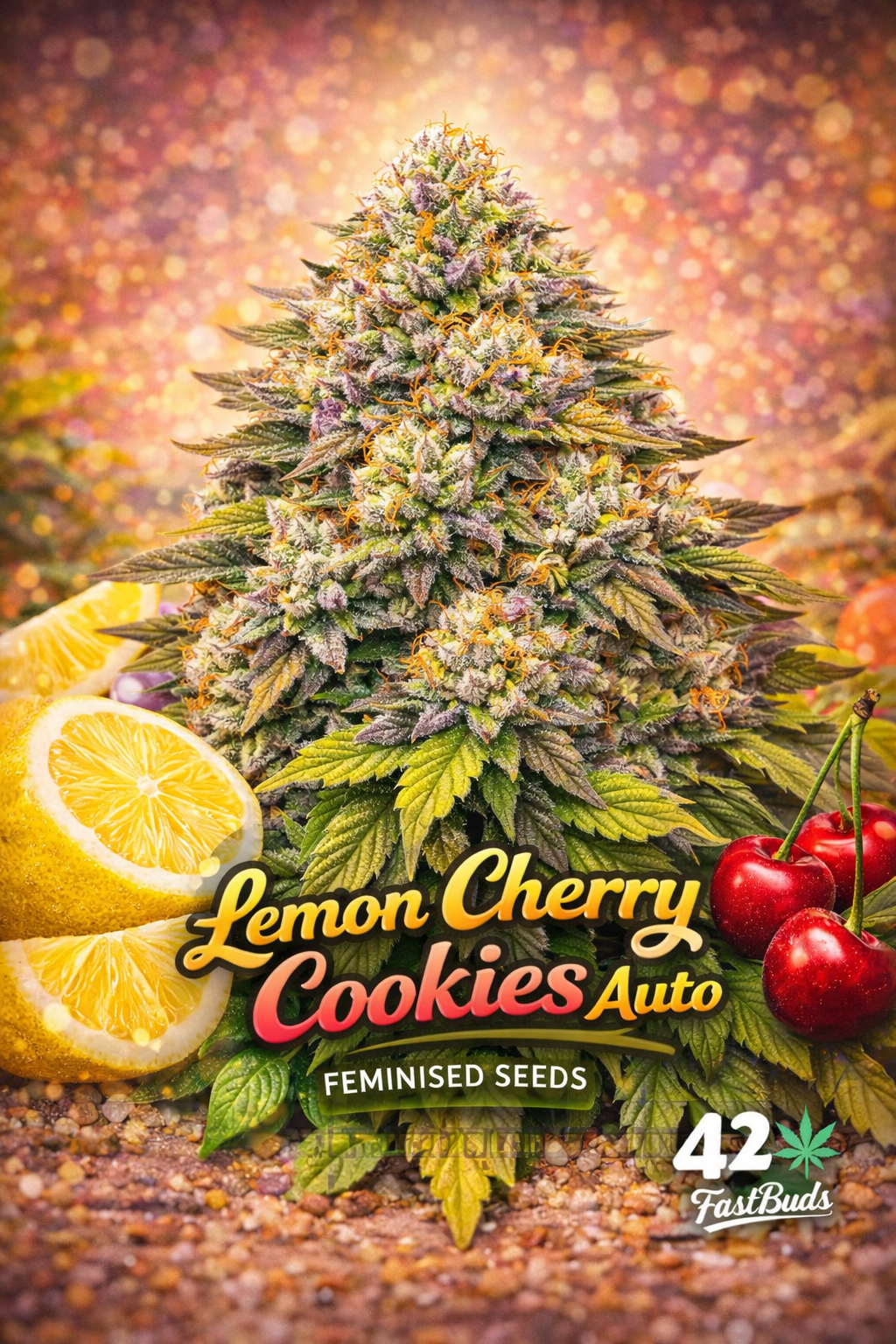 A hyper-detailed Lemon Cherry Cookies Auto cannabis plant with frosty buds and bright citrus-and-cherry colours, with the strain name and Fast Buds logo displayed clearly.