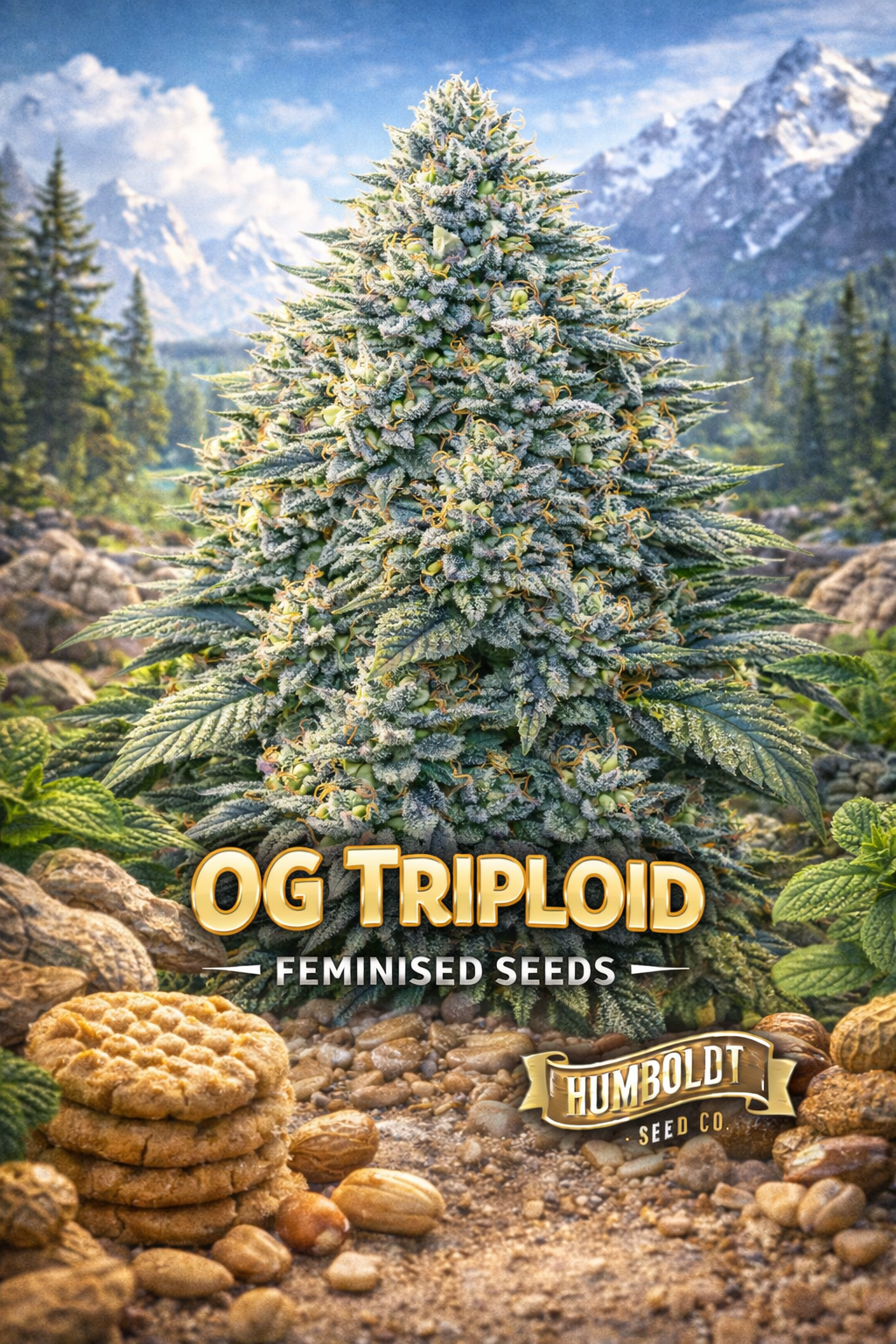 OG Triploid Feminised Seeds by Humboldt Seed Co – hyper-realistic frosty green cannabis plant with dense, icy-looking buds and orange pistils, set in a bright mountain landscape with blue skies and snow-tipped peaks; bold OG TRIPLOID text at the bottom with the Humboldt Seed Co logo underneath
