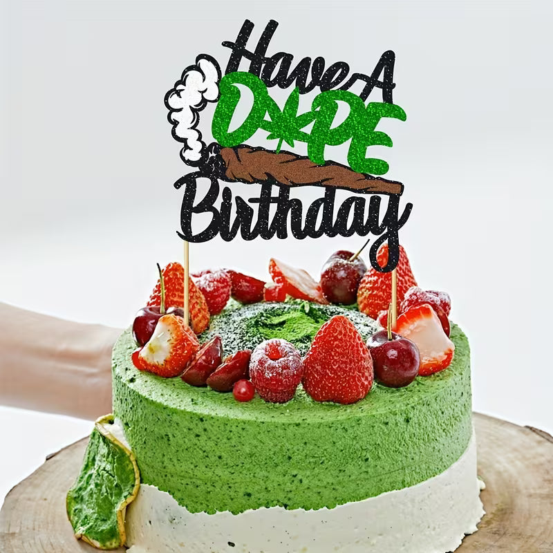 Bamboo “Have a Dope Birthday” cake topper with green glitter leaf design