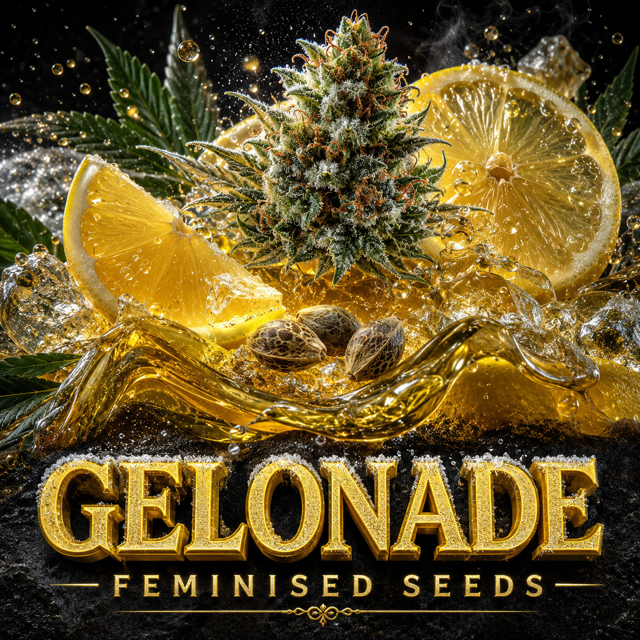 Promotional graphic for 'GELONADE FEMINISED SEEDS' featuring a large, detailed cannabis bud surrounded by fresh lemon slices, green leaves, and liquid droplets on a dark background.