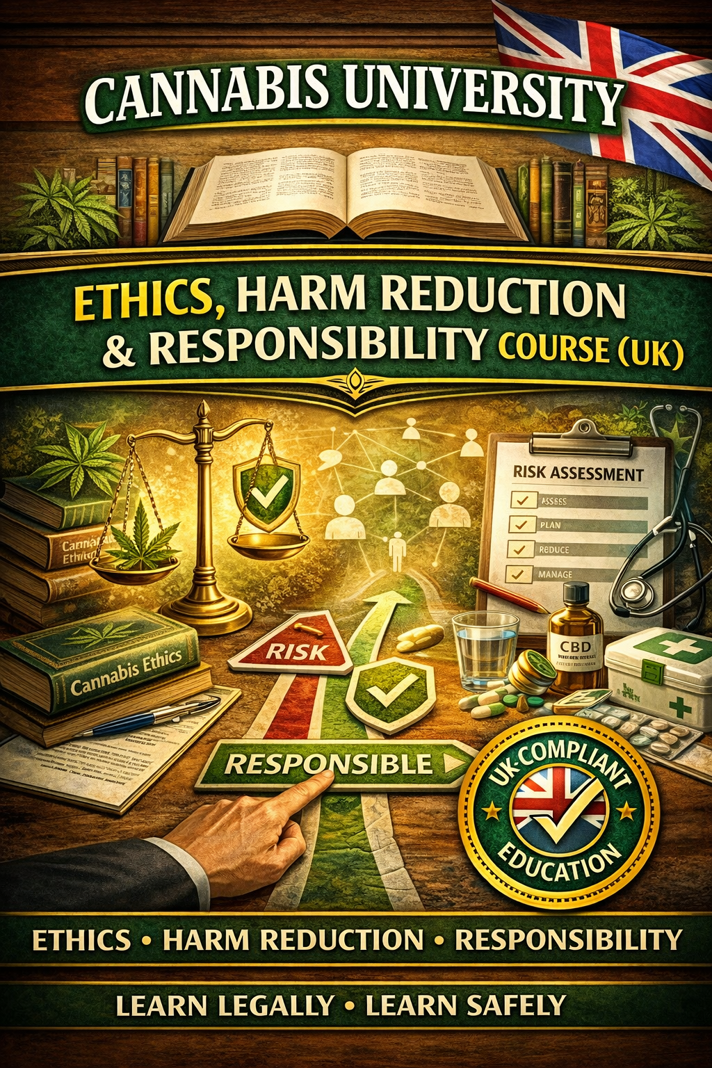Ethics, Harm Reduction & Responsibility Course (UK) promotional image showing ethical scales, risk assessment tools, medical icons and UK-compliant education badge, representing responsible cannabis education at Cannabis University.