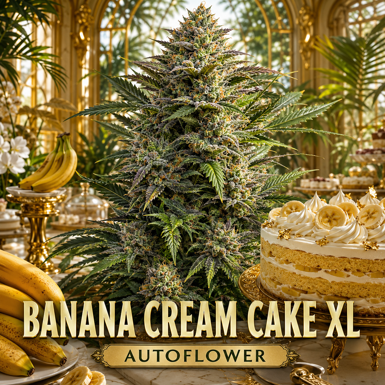 A large, detailed cannabis plant with dense buds stands in an ornate golden room, flanked by a banana cream cake and bananas. Bold text at the bottom reads 'BANANA CREAM CAKE XL' and 'AUTOFLOWER'.