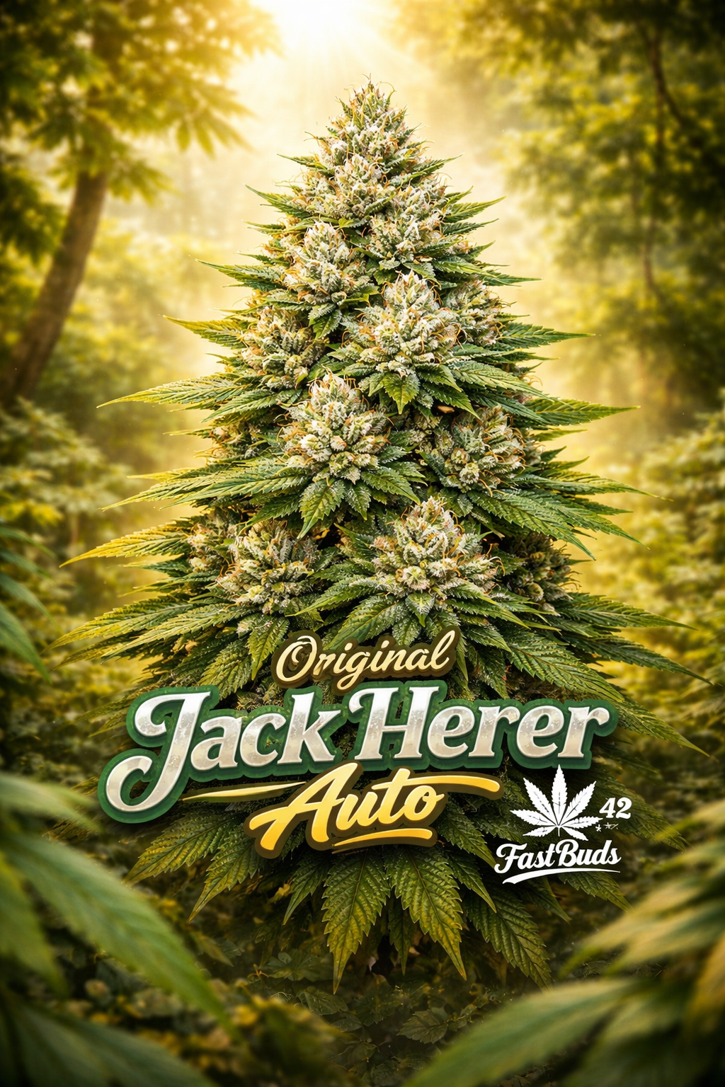 Hyper-realistic promotional artwork for Original Jack Herer Auto Feminised Seeds by Fast Buds, showing a tall, narrow, spire-shaped cannabis plant with bright green foliage and dense frosted buds against a warm golden haze background, with bold strain text and the Fast Buds logo placed subtly below.