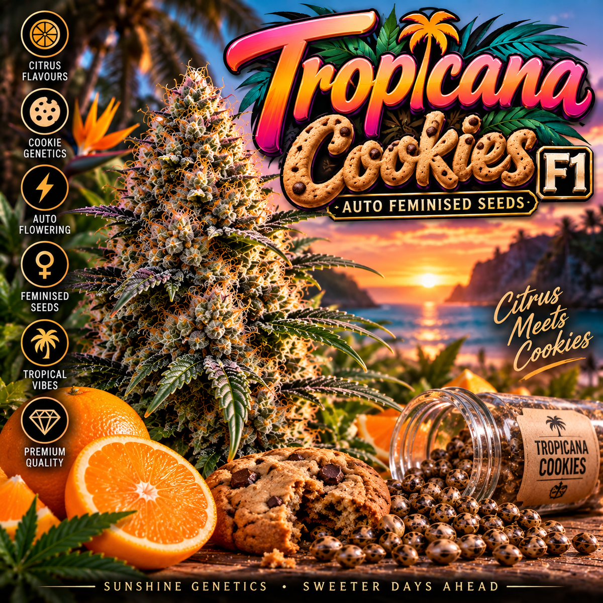 Tropicana Cookies F1 Auto Feminised Seeds promotional image featuring a resinous cannabis plant, fresh oranges, chocolate chip cookies and scattered seeds against a tropical beach sunset, with vibrant orange and pink strain branding.