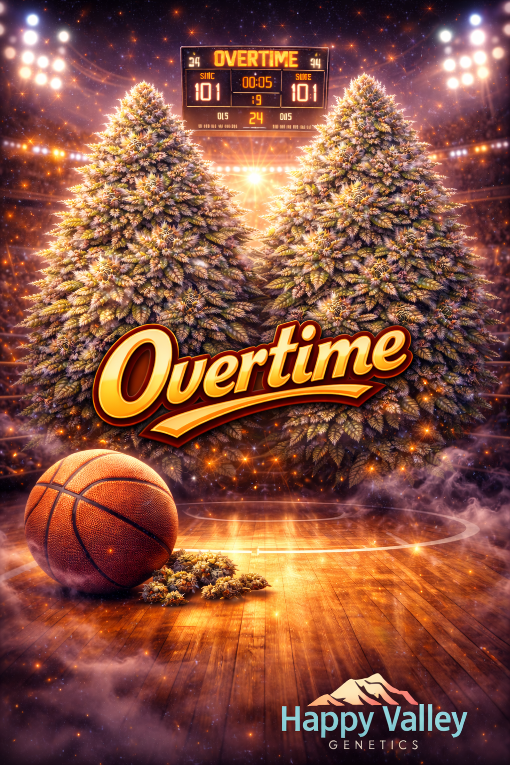 Hyper-realistic promotional artwork for Overtime Feminised Seeds by Happy Valley Genetics, featuring two dense frosty cannabis plants standing on a basketball court under bright stadium lights, with a glowing scoreboard showing overtime, a basketball resting on the floor beside scattered buds, bold strain text, and the Happy Valley Genetics logo.