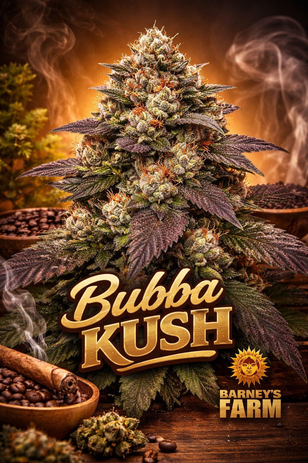 Hyper-realistic promotional artwork of “Bubba Kush Feminised Seeds – Barney’s Farm,” featuring a dense, frosty cannabis plant with purple and green leaves, bright orange pistils, a warm smoky brown background, gold 3D strain name text, and the Barney’s Farm sun logo in the bottom corner. No grow equipment shown.