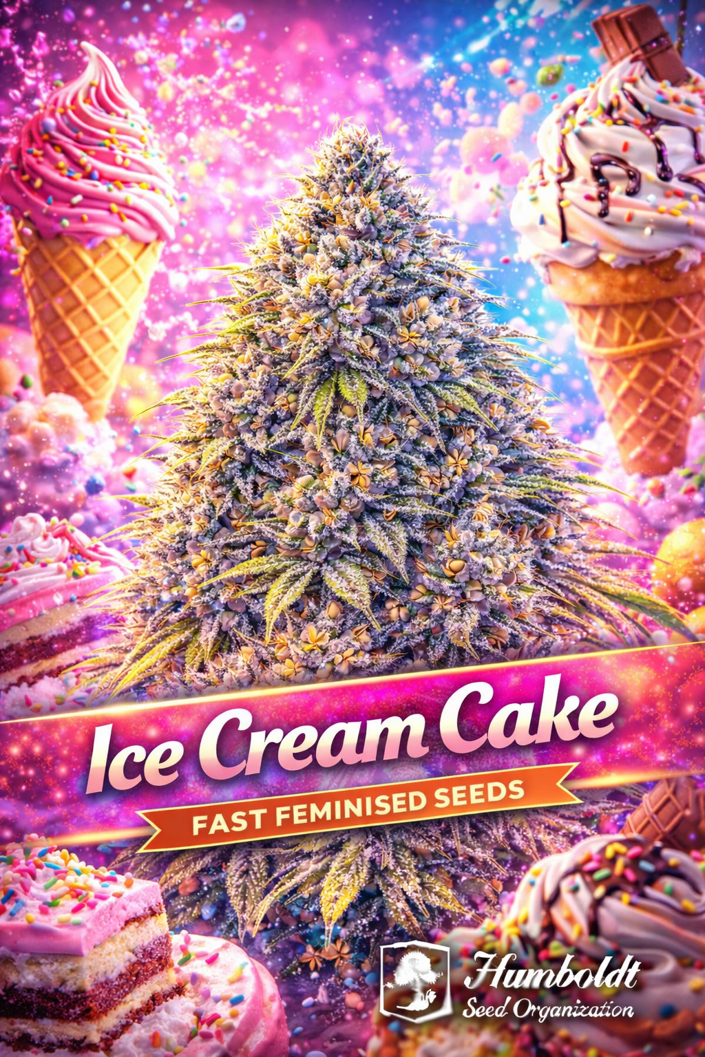 Ice Cream Cake FAST Feminised cannabis plant with frosty purple-tinged buds surrounded by colourful desserts, ice cream cones, sprinkles, and cake slices, with bold strain branding and the Humboldt Seed Organization logo.