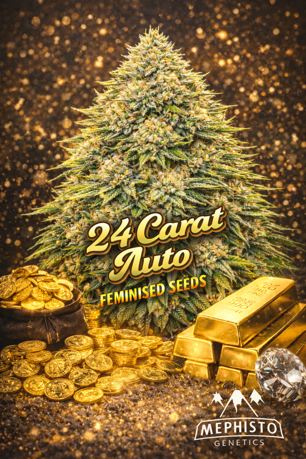 24 carat auto feminised seeds image — hyper-realistic frosty cannabis plant with dense green-gold buds, luxury gold-themed background, large piles of shiny gold coins, stacked gold bars, sparkling diamond, bold metallic strain name text, mephisto genetics logo, uk-compliant promotional artwork for laughing leaf seeds