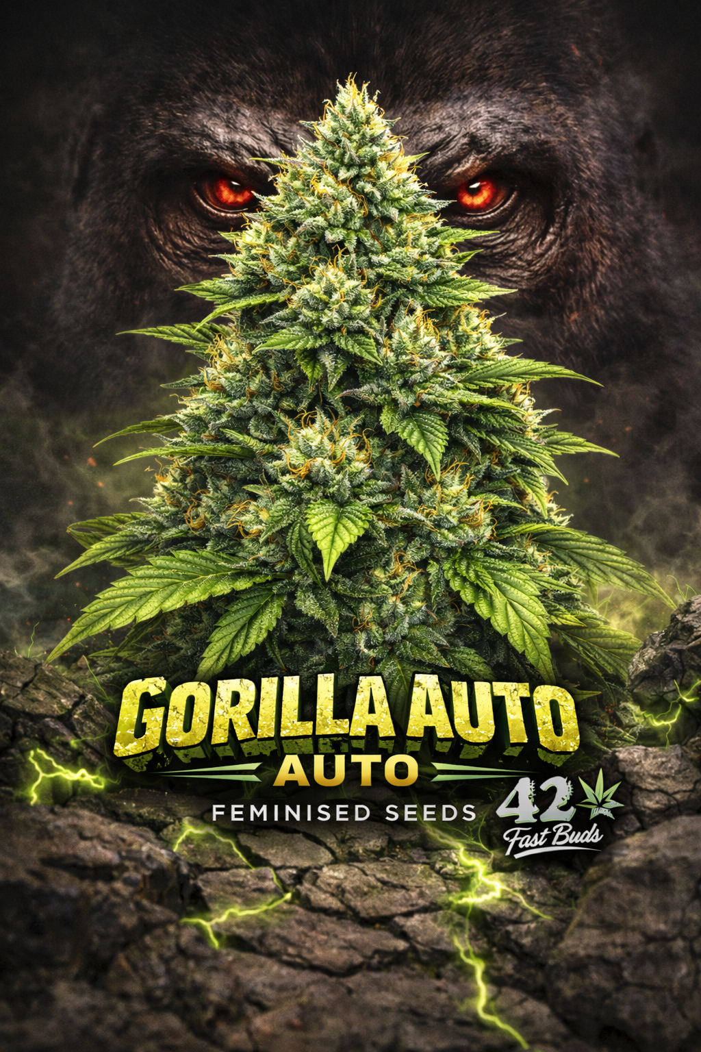 Gorilla Auto cannabis artwork with a dense multi-cola plant in the foreground, shadowy gorilla face with glowing red eyes behind it, cracked rocky ground with green energy streaks, bold yellow Gorilla Auto text at the bottom, and Fast Buds logo on the right.