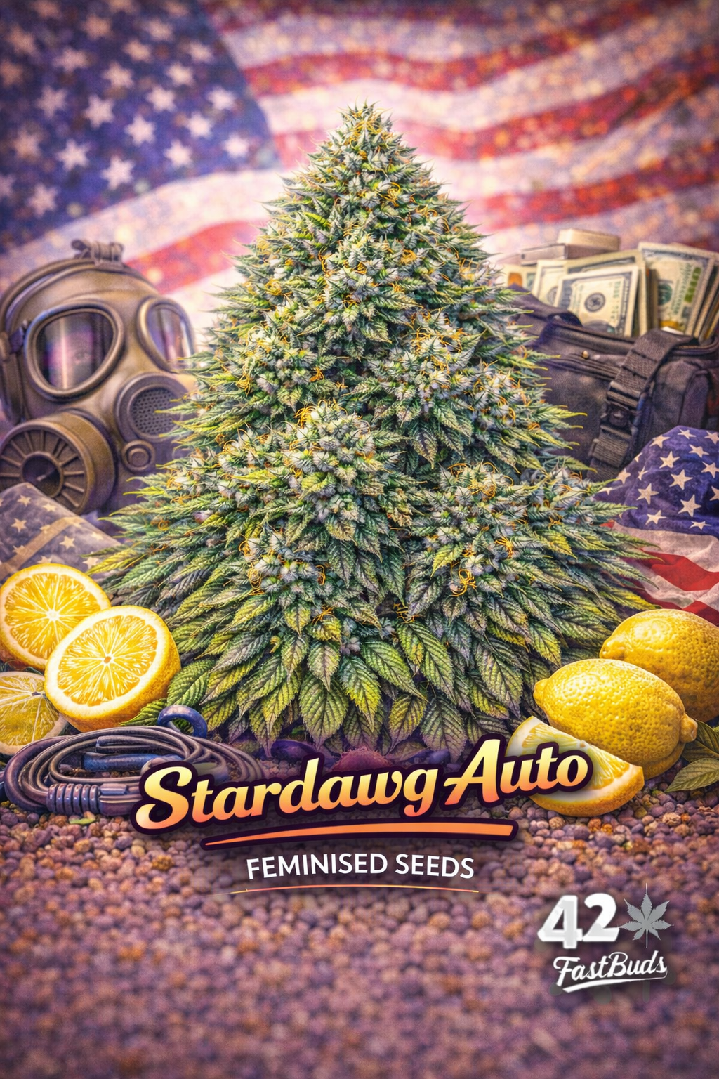 A dense Stardawg Auto cannabis plant with frosty green buds set against an American-themed backdrop, with lemons beside it and the Fast Buds logo visible.