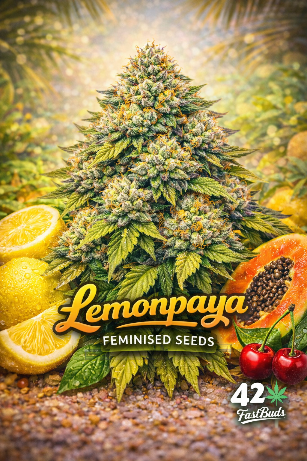 A bright Lemonpaya cannabis plant with frosty yellow–orange buds, surrounded by lemon and papaya fruit, with the strain name and Fast Buds logo visible.