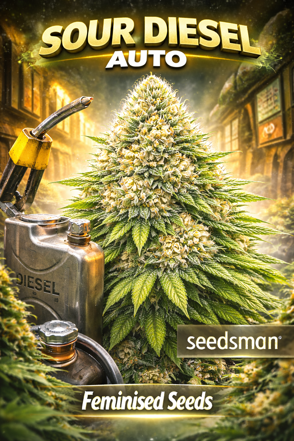 Hyper-realistic Sour Diesel Auto cannabis plant with dense fuel-themed bud structure, frosty trichomes, diesel can and fuel nozzle props, golden ambient lighting, and “Sour Diesel Auto – Seedsman – Feminised Seeds” branding.