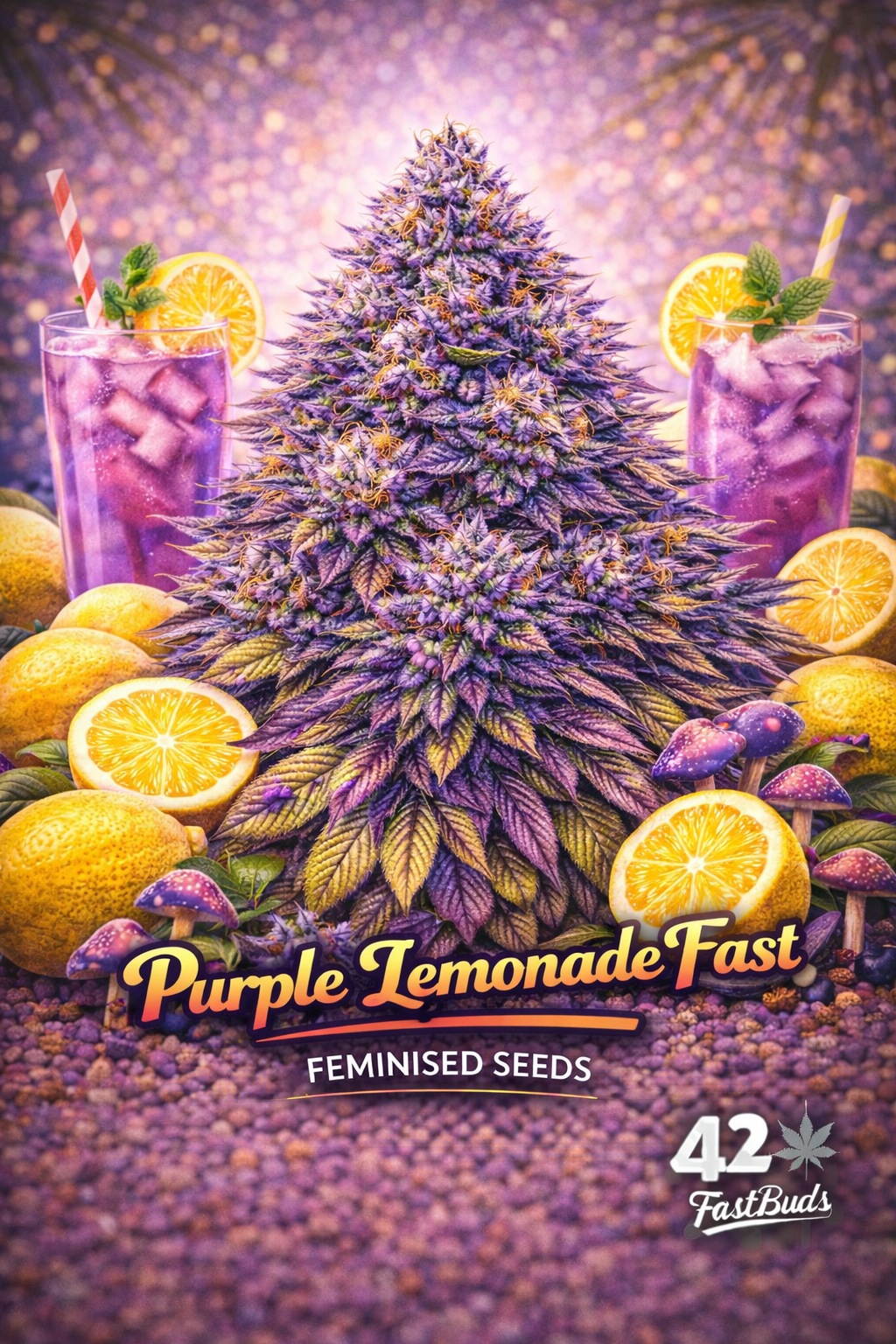 A vibrant Purple Lemonade Fast cannabis plant with frosty purple buds, surrounded by lemons and purple lemonade, with the strain name and Fast Buds logo visible.