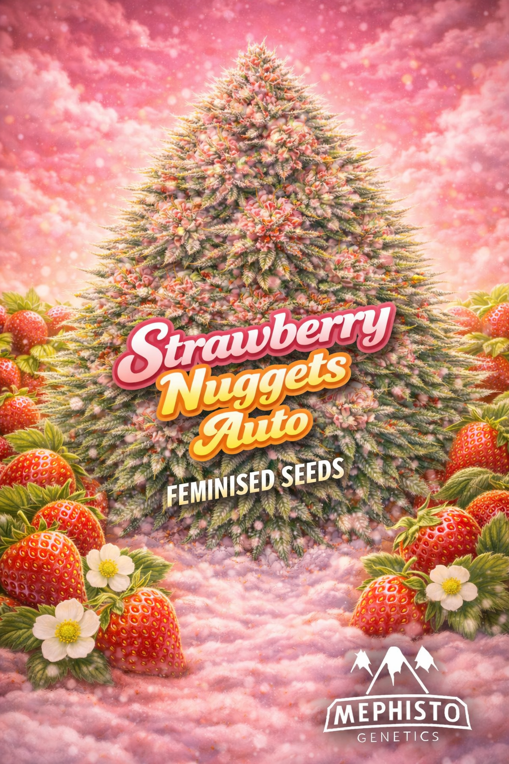 strawberry nuggets auto feminised seeds image — hyper-realistic frosty cannabis plant with pink-red tinted buds, vibrant strawberry-themed background, ripe strawberries and soft pink haze surrounding the plant, bold pink and yellow strain name text, mephisto genetics logo, uk-compliant promotional artwork for laughing leaf seeds