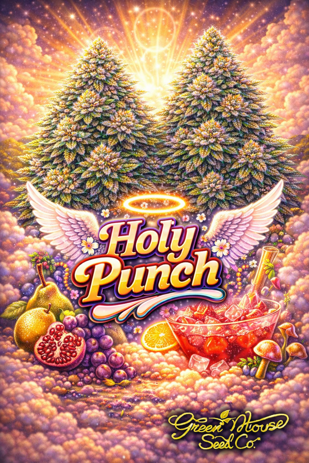 Hyper-realistic promotional artwork for Holy Punch Feminised Seeds by Greenhouse Seed Co., featuring multiple frosty cannabis plants under radiant golden light, with halo and wing motifs around the bold strain text, surrounded by pears, grapes, pomegranate, and a vibrant fruit punch bowl, all set within a dreamy cloudscape, with the Greenhouse Seed Co. logo at the bottom.