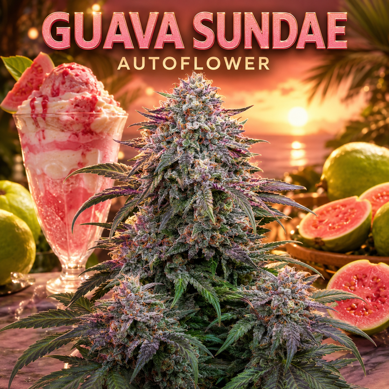 A large, detailed close-up of a flowering cannabis bud labeled 'GUAVA SUNDAE AUTOFLOWER,' with sliced guava fruit, a pink dessert in a glass, and a sunset background. The text 'GUAVA SUNDAE' appears at the top.