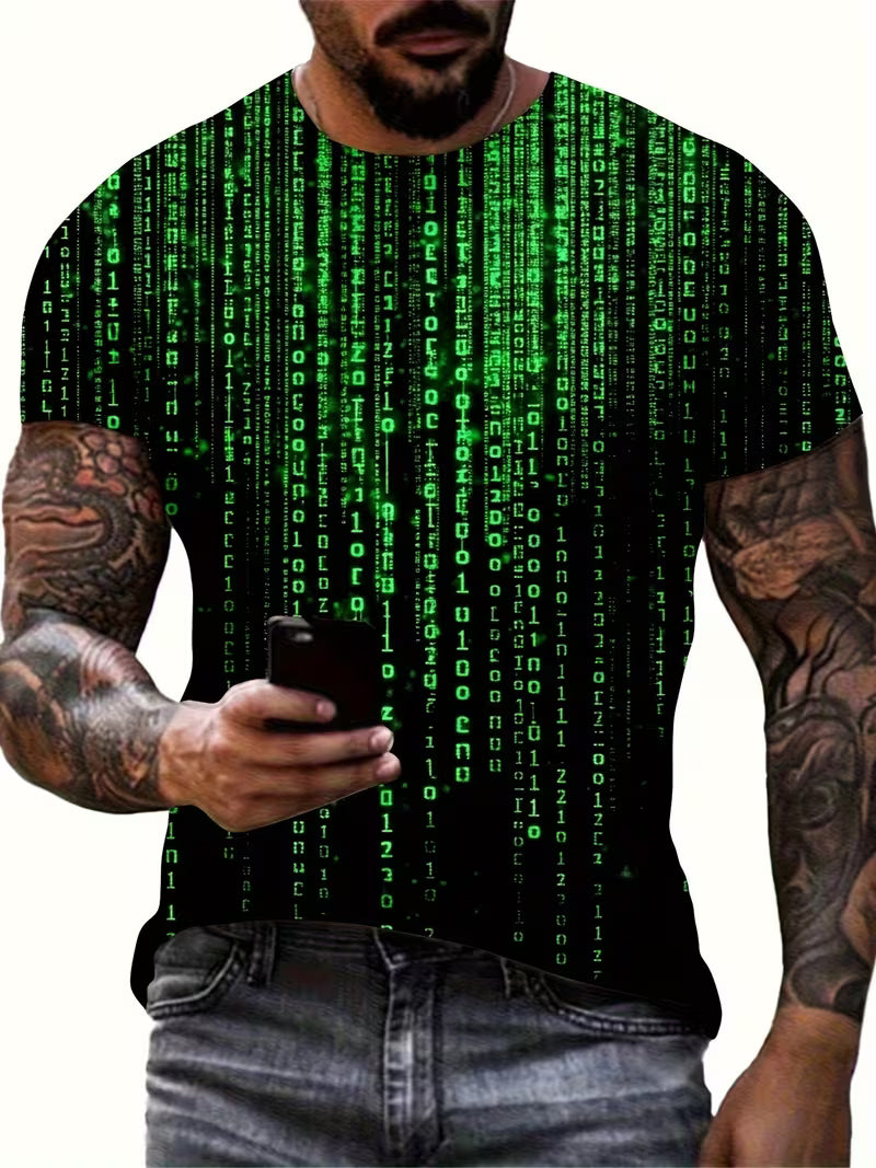 Green cyber code Matrix style t-shirt with futuristic digital hacker design image 1