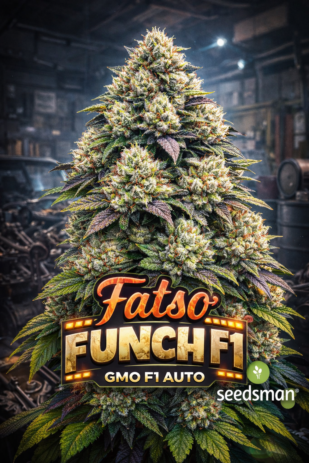 fatso gmo f1 auto feminised seeds by seedsman hyper realistic cannabis plant with dense frosty buds dark industrial themed background metallic bold strain name styling and seedsman logo in corner