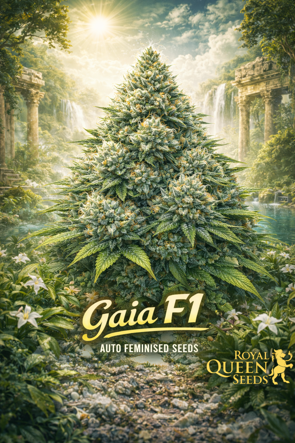 Gaia F1 Auto Feminised Seeds – Royal Queen Seeds — hyper-realistic cannabis plant with dense frosty buds and orange pistils, set in a lush ancient landscape with Greek-style stone ruins, waterfalls, sunlight beams, and vibrant green foliage; soft mist at ground level; bold yellow Gaia F1 text and gold Royal Queen Seeds logo at the bottom; no repeated props or cultivation imagery.