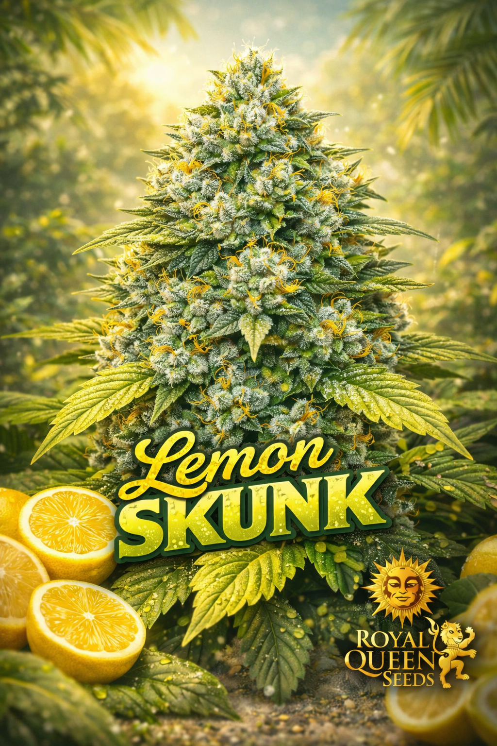 Hyper-realistic promotional artwork of “Lemon Skunk Feminised Seeds – Royal Queen Seeds,” featuring a dense, frosty cannabis plant with bright yellow-green tones, vivid orange pistils, sliced lemons in the foreground as subtle strain cues, a warm sunlit garden background, bold yellow-green strain name text, and the Royal Queen Seeds lion logo. No grow equipment shown.