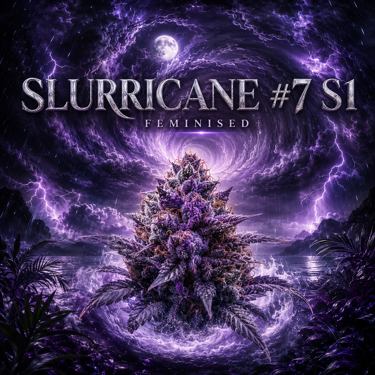 Digital cover art for 'Slurricane #7 S1 Feminised' featuring a large, highly detailed purple and violet cannabis bud floating in a swirling purple storm with lightning.