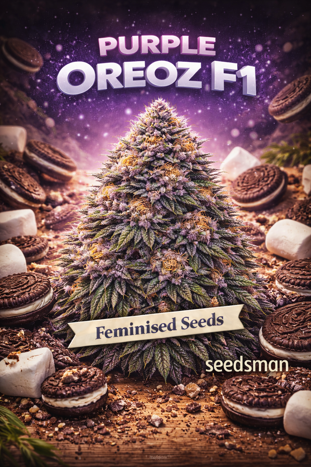 Hyper-realistic promotional artwork of “Purple Oreoz F1 Feminised Seeds – Seedsman,” featuring a dense cannabis plant with rich purple and green buds, heavy frosty trichomes, and bright orange pistils. The background is a dessert-themed scene with realistic chocolate sandwich cookies, broken cookie crumbs, marshmallows, and a rustic wooden surface. Bold “Purple Oreoz F1” text appears at the top, with a “Feminised Seeds” banner and the Seedsman logo at the bottom. No grow equipment shown.