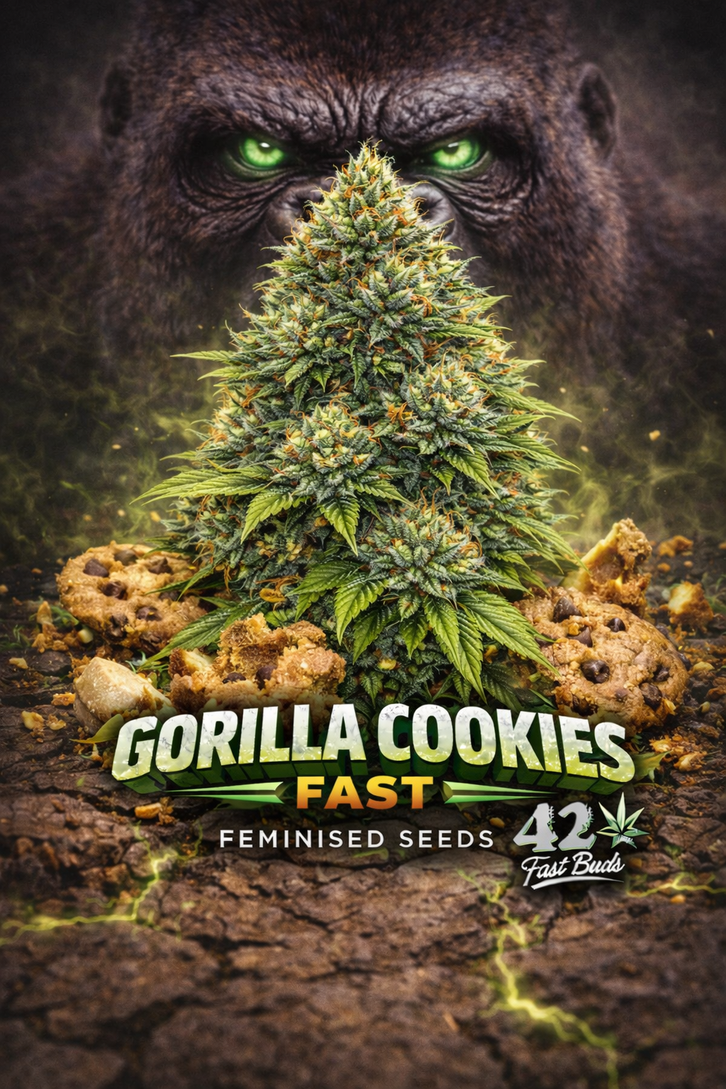 Gorilla Cookies Fast cannabis artwork featuring a dense frosty multi-cola plant, shadowy gorilla with glowing green eyes in the background, broken chocolate chip cookies and crumbs scattered around the base, cracked ground with green energy effects, bold Gorilla Cookies Fast text and Fast Buds logo at the bottom.