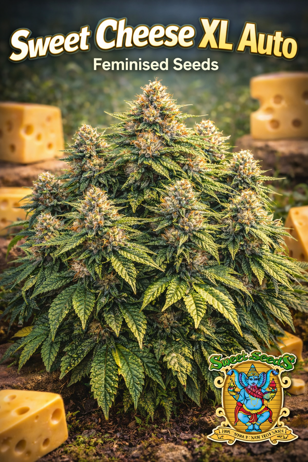Hyper-realistic Sweet Cheese XL Auto Feminised cannabis plant with a large bushy structure, multiple heavy bud-covered branches, surrounded by cheese-themed elements, featuring “Sweet Cheese XL Auto – Feminised – Sweet Seeds” branding in a bright, flavour-themed layout.