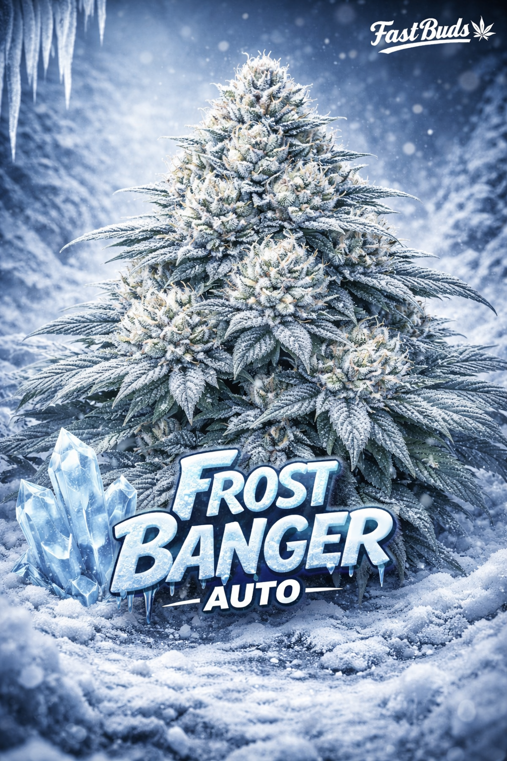 Hyper-realistic promotional artwork of the Frost Banger Auto cannabis plant with heavy icy trichomes, dense frosty buds, blue winter landscape, falling snow, crystal-like ice formations, bold frozen-style strain name, and the Fast Buds logo.