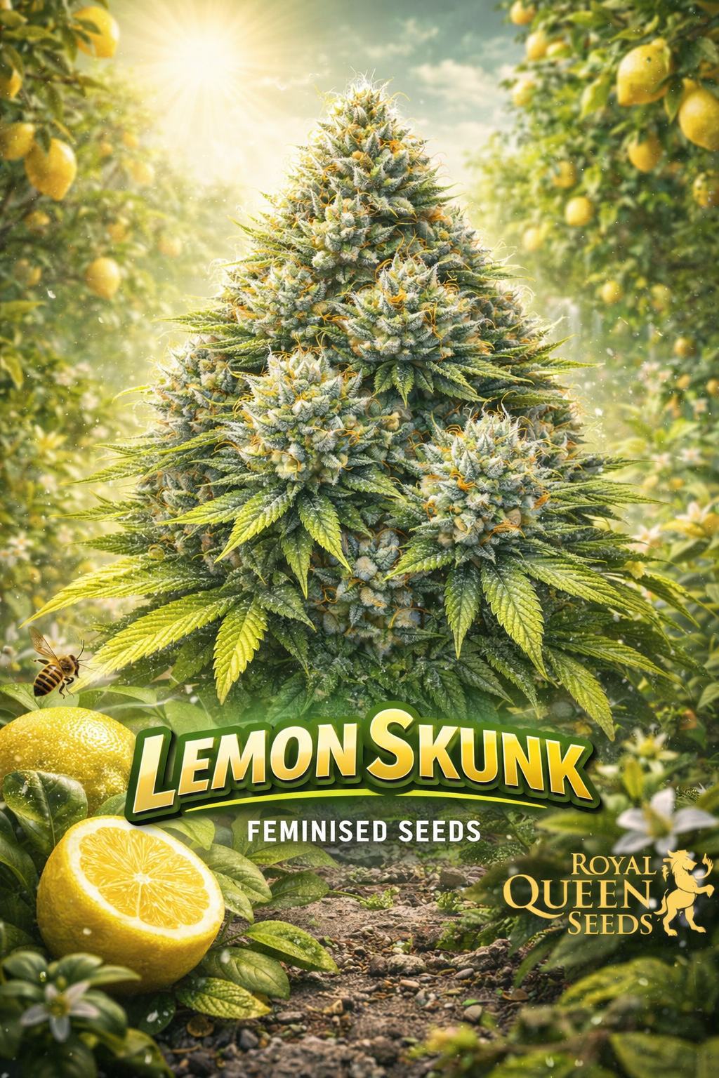 Lemon Skunk Feminised Seeds – Royal Queen Seeds — hyper-realistic cannabis plant with bright green frosty buds and vivid orange pistils, set inside a sunlit lemon orchard filled with whole and sliced lemons; glowing yellow-green colour theme with soft dust particles; bold 3D Lemon Skunk text and gold Royal Queen Seeds logo at the bottom; no repeated props or cultivation imagery.