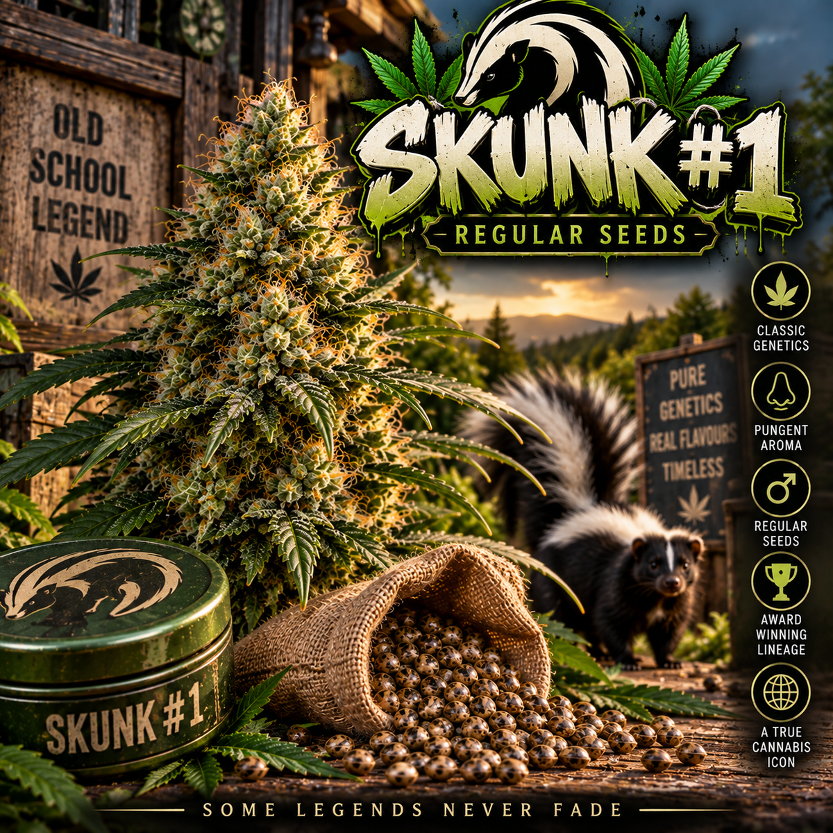 Skunk #1 Regular Seeds promotional image featuring a resinous cannabis plant, scattered seeds and a skunk in a rustic woodland setting, with bold green and cream strain branding.