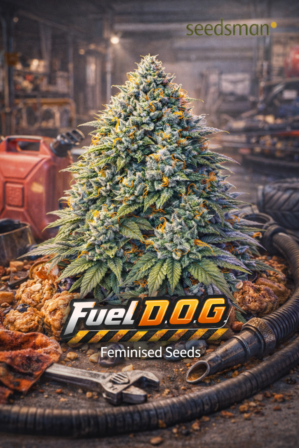 fuel d.og feminised seeds artwork featuring a frosty cannabis plant in a gritty mechanical workshop with fuel cans, hoses, tools and the seedsman logo