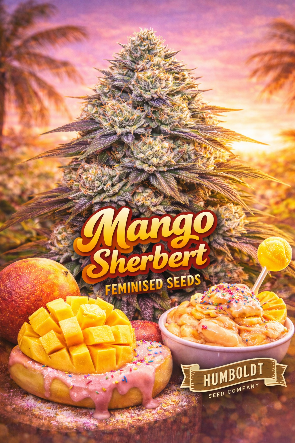 mango sherbert feminised seeds image — hyper-realistic frosty cannabis plant with dense colourful buds, tropical sunset background, diced mango and whole mango props, pink sherbet powder sprinkled on donut and bowl, yellow sherbet lolly, bold warm strain name text, humboldt seed co logo, uk-compliant promotional artwork for laughing leaf seeds