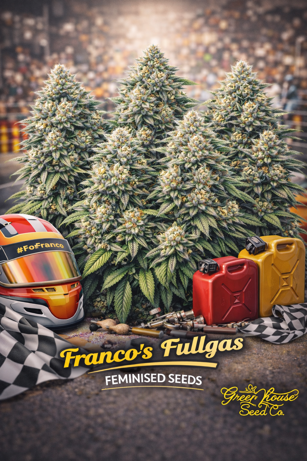A realistic cluster of Franco’s Fullgas cannabis plants framed by racing gear, including a helmet, fuel cans, and a checkered flag, with the strain name and Greenhouse Seed Co. logo visible.