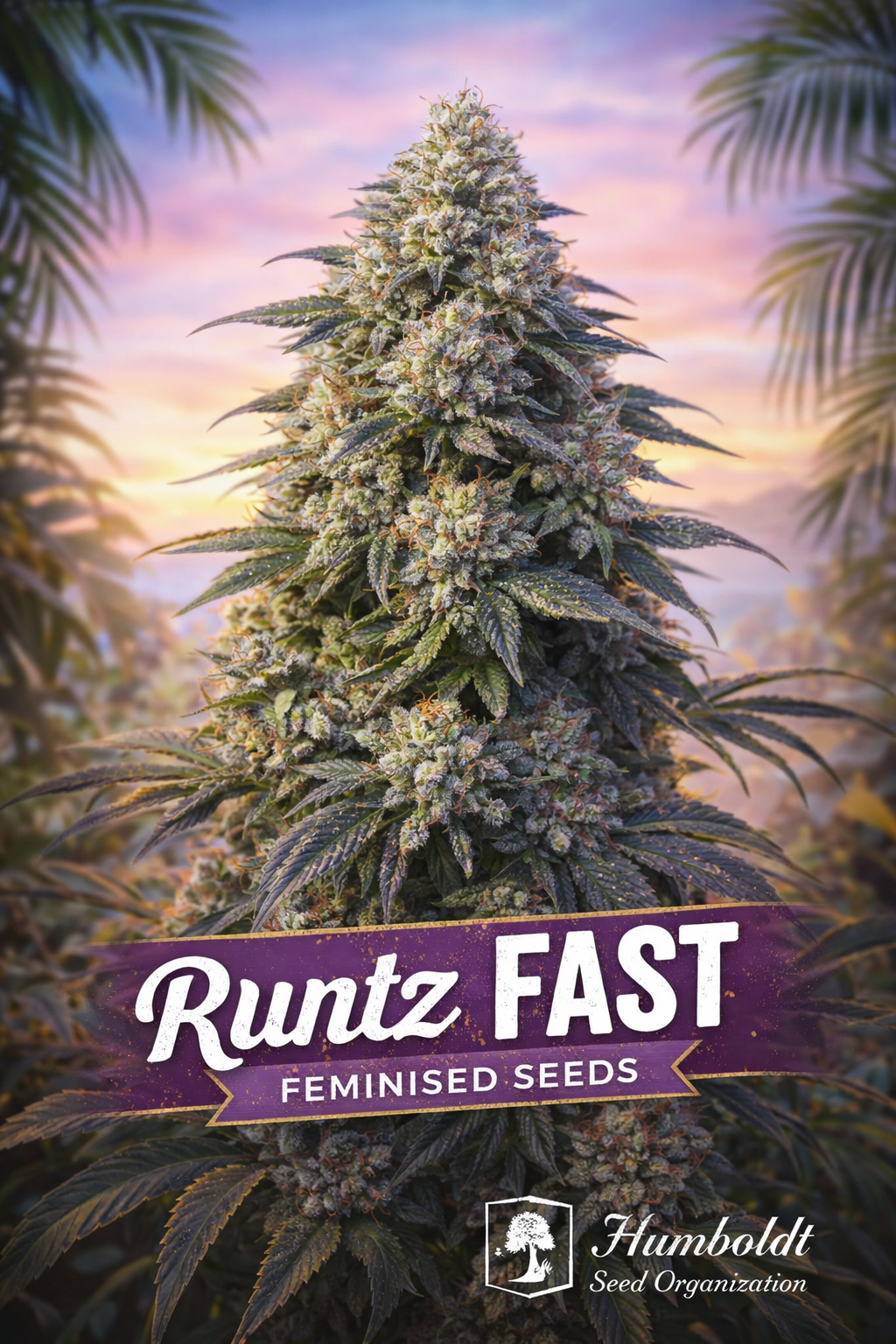 Runtz FAST Feminised cannabis plant with dense frosty buds, vibrant trichomes, and a tropical sunset background, featuring bold strain name text and the Humboldt Seed Organization logo.