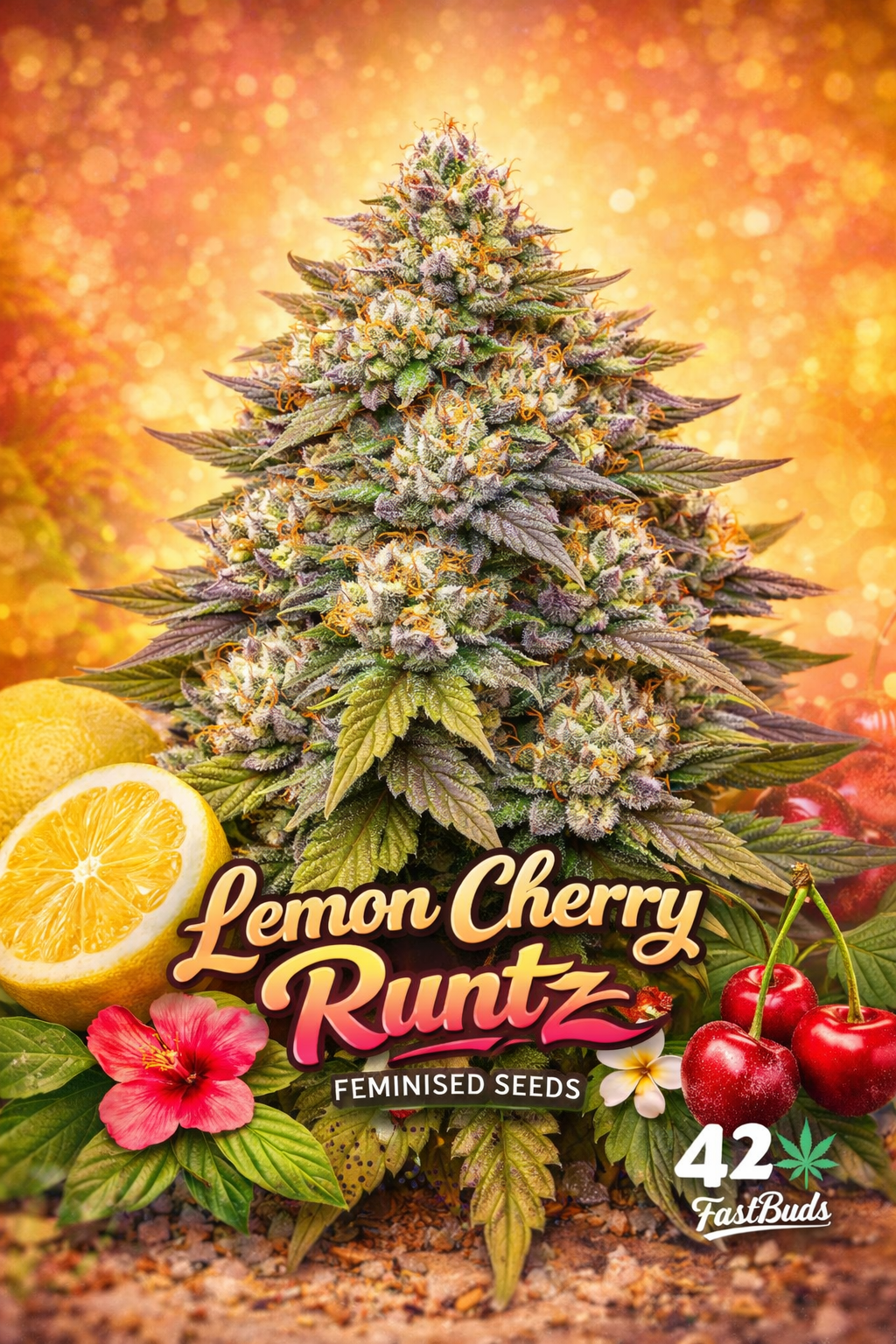 A hyper-realistic Lemon Cherry Runtz cannabis plant with frosty, colourful buds, set against a bright fruity backdrop, with the strain name and Fast Buds logo displayed clearly.
