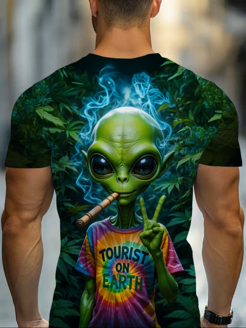 Alien cannabis t-shirt with “Tourist on Earth” slogan and psychedelic weed artwork image1