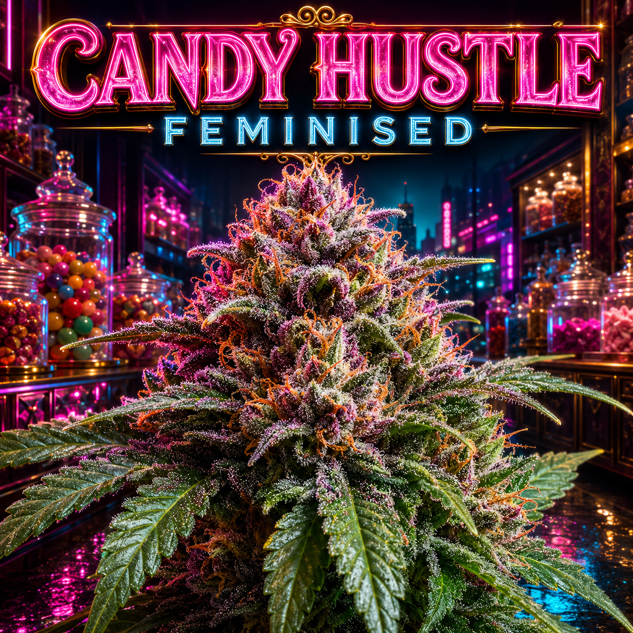 A large, heavily trichome-covered cannabis bud stands in the center of a neon-lit candy shop interior, with colorful jars of sweets in the background and a glowing sign reading 'CANDY HUSTLE FEMINISED'.