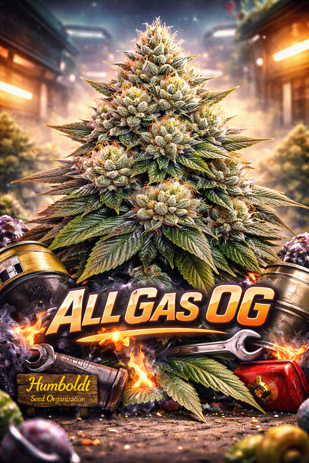Hyper-realistic All Gas OG Feminised Seeds artwork by Humboldt Seed Company, featuring a dense frosty cannabis plant with deep green and purple tones, industrial gas-can props, fiery highlights, and bold metallic strain name typography.