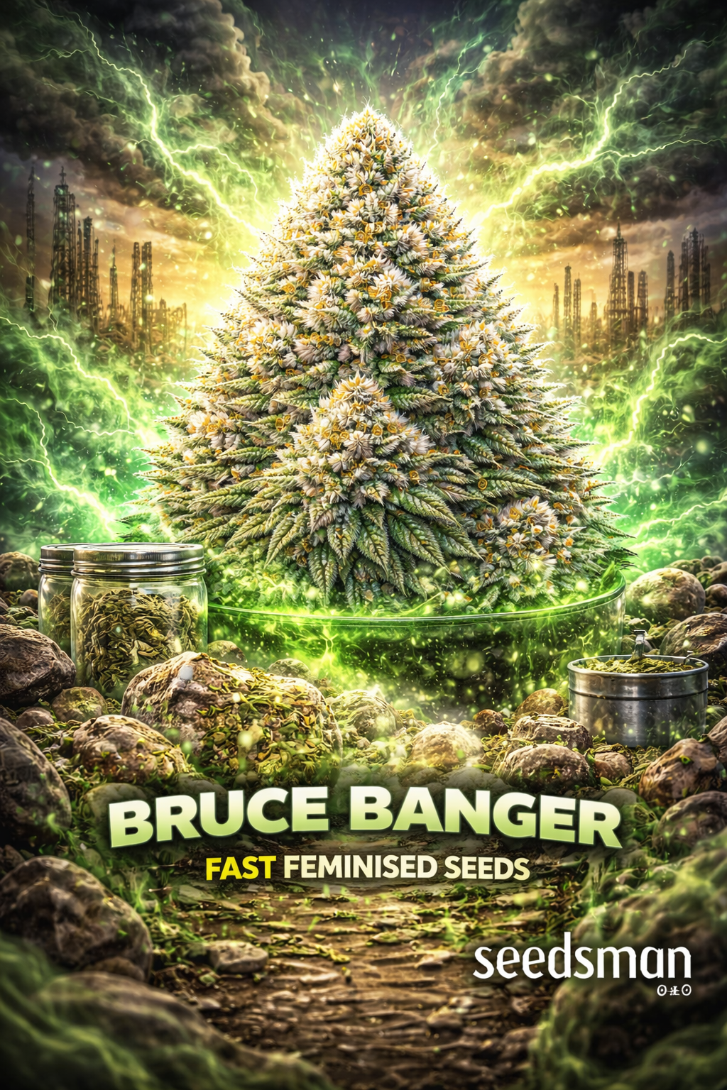 Hyper-realistic promotional image of a massive frosty Bruce Banger Fast cannabis bud glowing with green lightning energy, surrounded by cracked rocks and jars of crushed green plant material. An industrial skyline sits in the smoky background. Bold “Bruce Banger Fast Feminised Seeds” text appears at the bottom with the Seedsman logo.