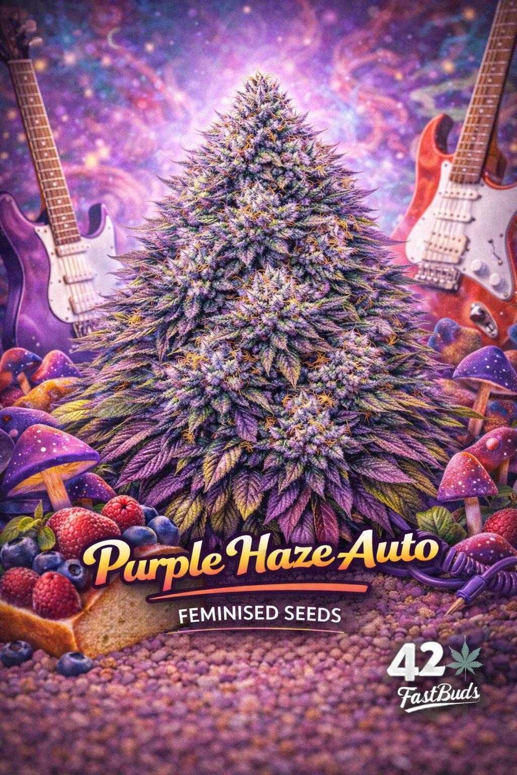 A vibrant Purple Haze Auto cannabis plant with rich purple tones, surrounded by psychedelic guitar and mushroom visuals, with the strain name and Fast Buds logo visible.