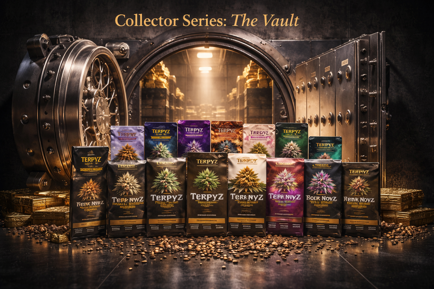 Collector Series The Vault mega seed collection featuring multiple cannabis seed packs bursting from an open steel bank vault door in a dramatic luxury studio scene
