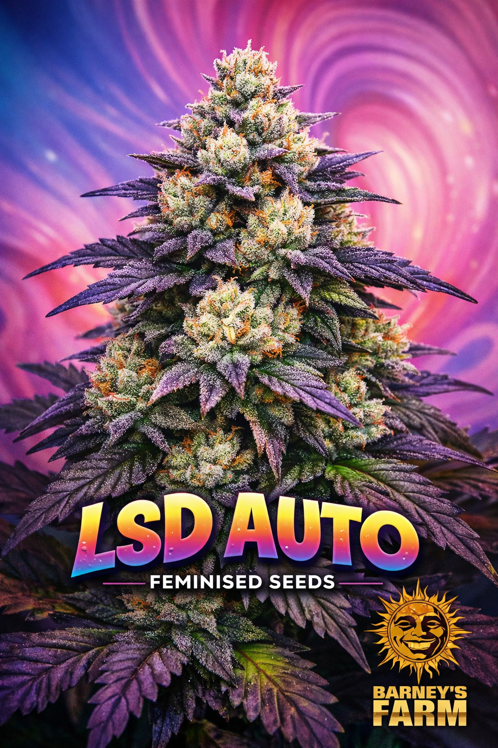 LSD Auto Feminised cannabis plant artwork by Barney’s Farm featuring a unique, multi-branch psychedelic-coloured silhouette with neon green and purple gradients, fractal haze background, strain name displayed at the bottom, and small Barney’s Farm logo in the corner