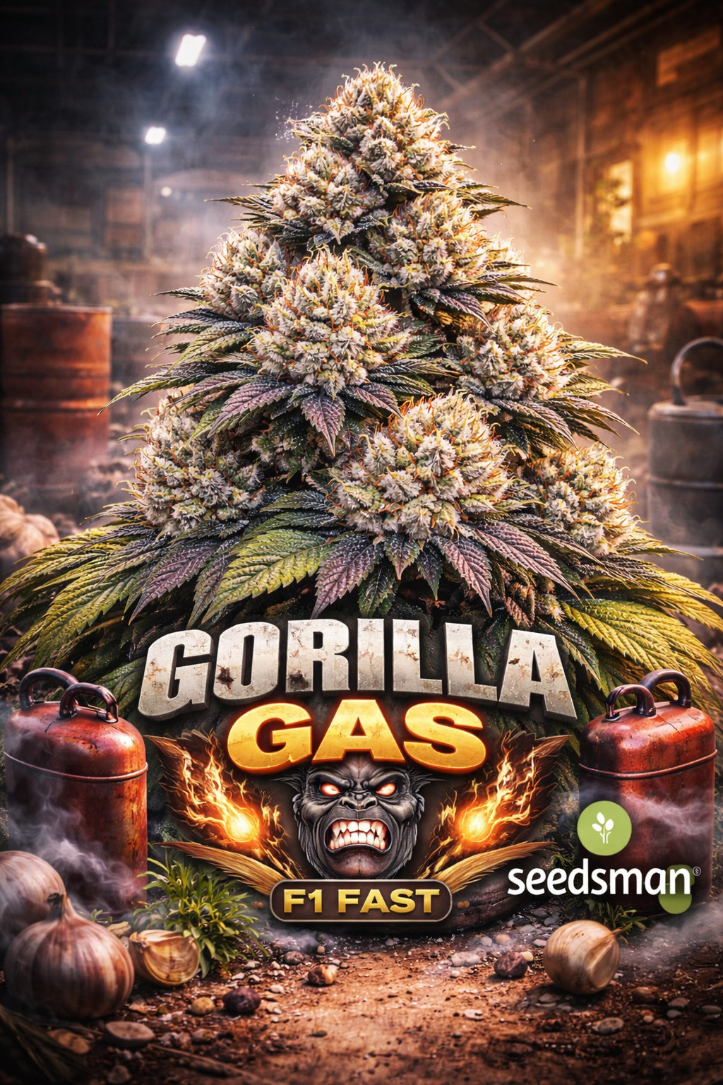 gorilla gas f1 fast feminised seeds by seedsman hyper realistic cannabis plant with dense frosty buds industrial fuel themed background flaming gorilla graphic bold metallic strain name and seedsman logo