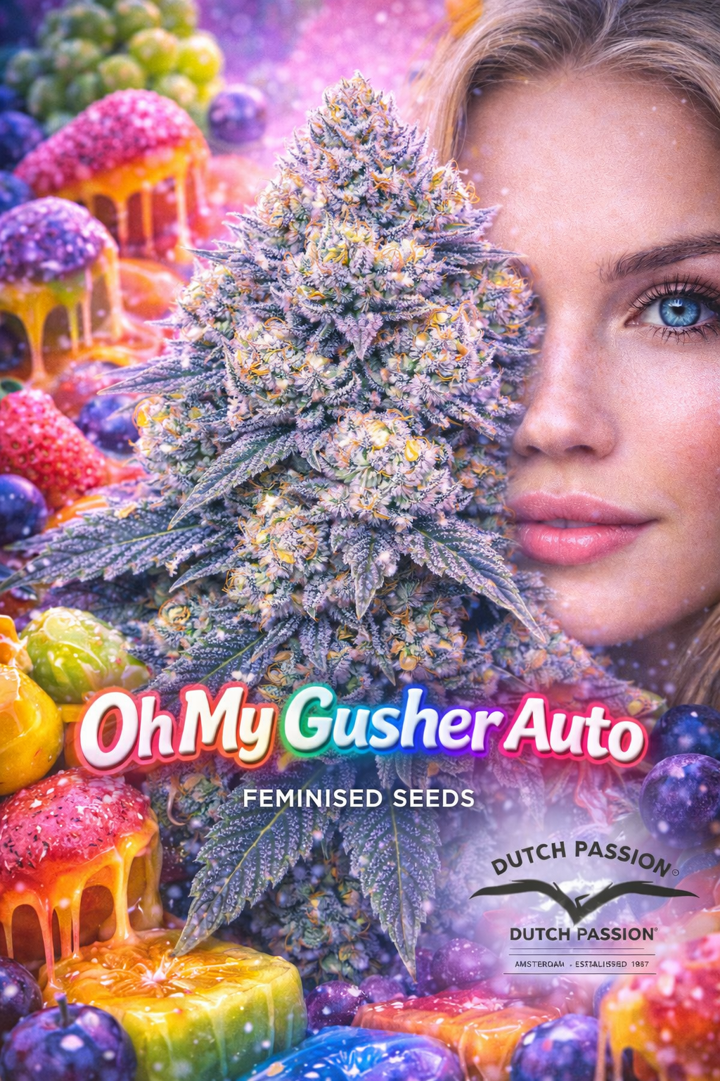 Oh My Gusher Auto cannabis plant artwork featuring dense, colourful, trichome-covered buds surrounded by dripping fruit candy visuals. A hyper-realistic woman’s face with bright blue eyes appears on the right side of the image. Large multicoloured “Oh My Gusher Auto Feminised Seeds” text sits at the bottom, with the Dutch Passion logo in the lower right.
