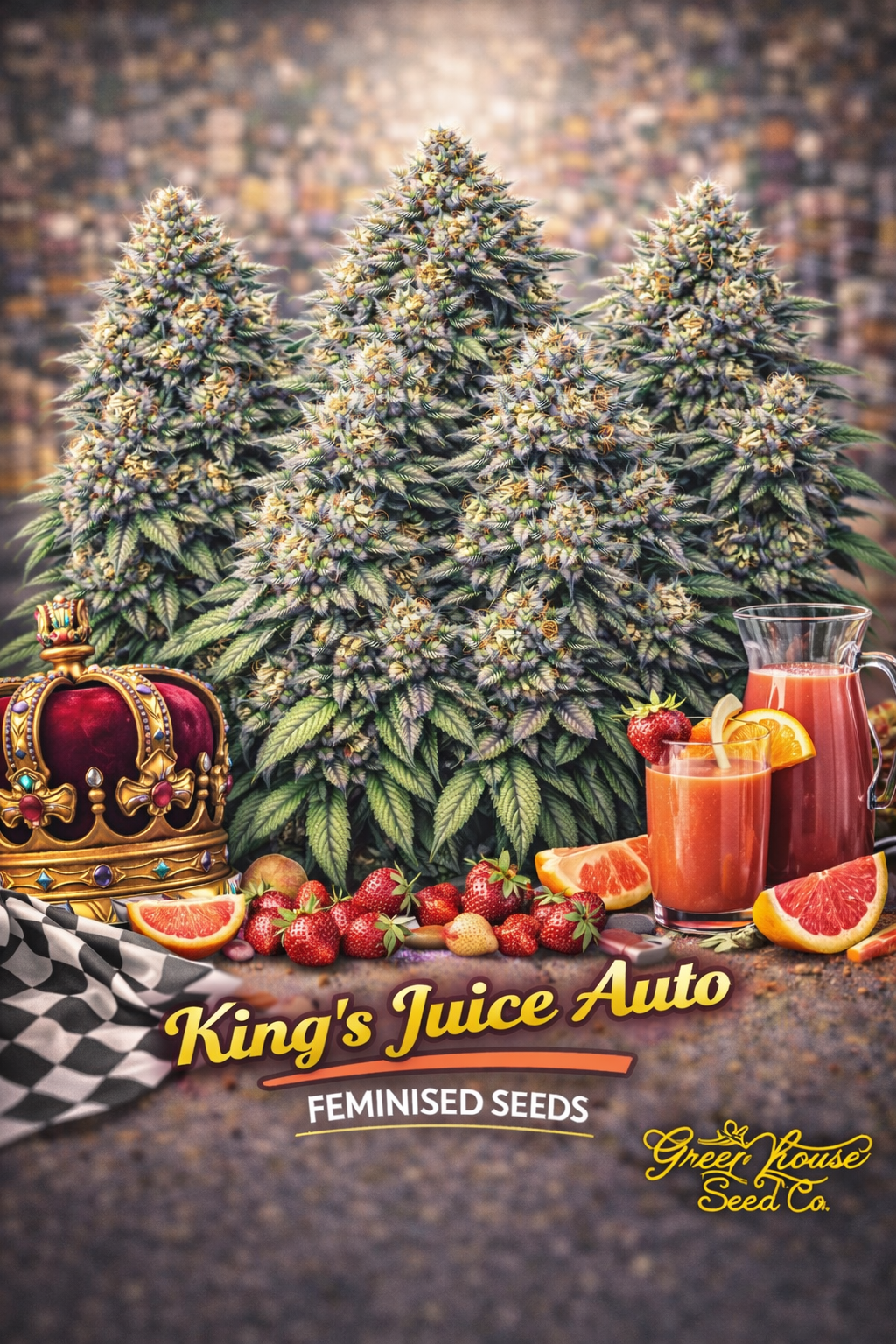A realistic cluster of King’s Juice Auto cannabis plants surrounded by citrus fruits, strawberries, a crown, and juice, with the strain name and Greenhouse Seed Co. logo visible.