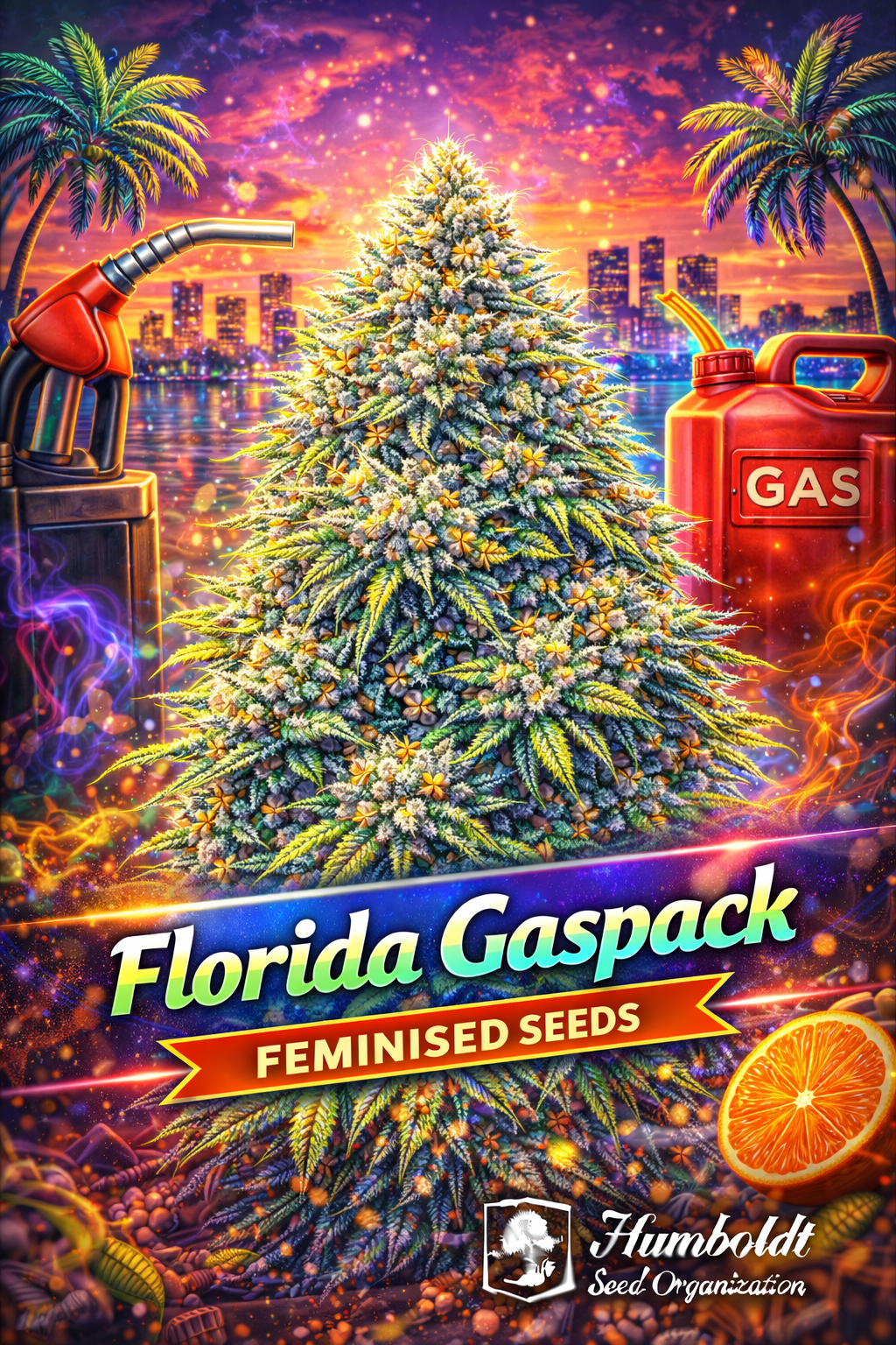 Florida Gaspack Feminised cannabis plant with dense frosty yellow-green buds, neon Miami sunset skyline, palm trees, fuel canister and gas pump elements, featuring bold strain branding and the Humboldt Seed Organization logo.