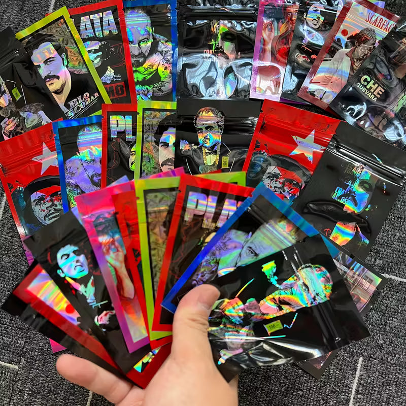 Gangster and mobster style mixed-design mylar zipper seed storage bags for cannabis seed collectors
