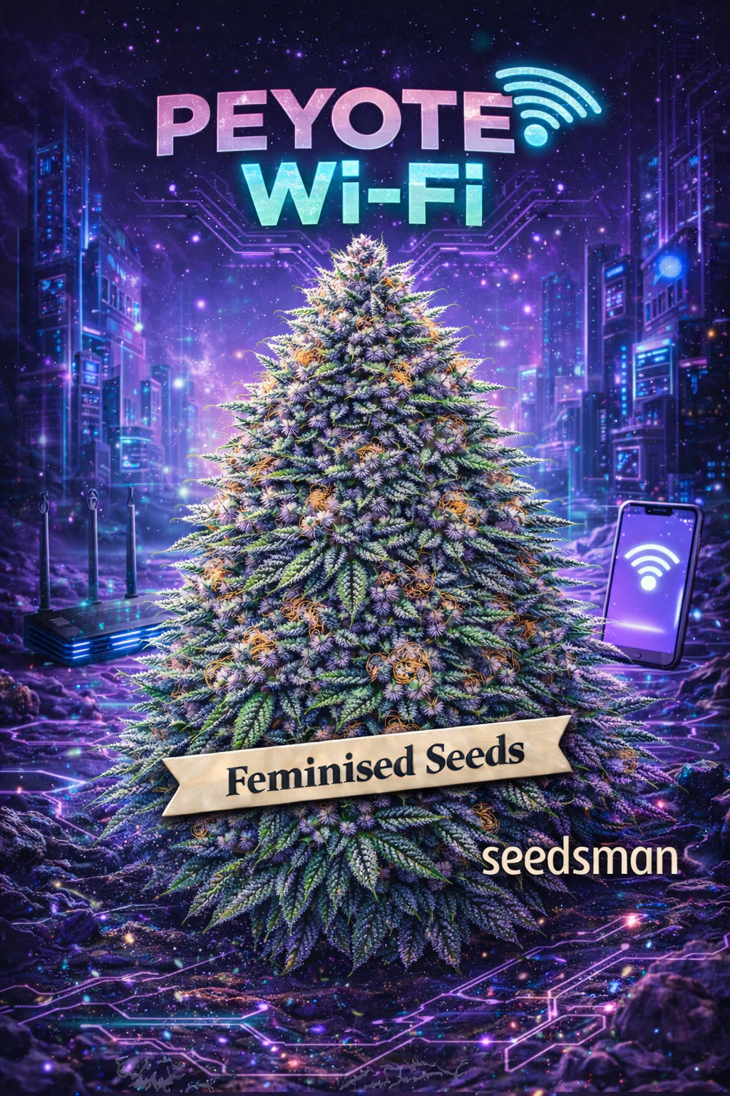 Hyper-realistic promotional artwork of “Peyote Wi-Fi Feminised Seeds – Seedsman,” featuring a dense cannabis plant with frosty trichomes, green and purple buds, and bright orange pistils. The background is a glowing digital-tech scene with neon Wi-Fi symbols, circuitry patterns, and light trails, blended with subtle peyote-inspired desert tones. Bold “Peyote Wi-Fi” text, a “Feminised Seeds” banner, and the Seedsman logo are included. No grow equipment shown.